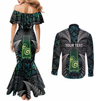 Personalised New Zealand Toki Couples Matching Mermaid Dress and Long Sleeve Button Shirt Silver Fern Mix Aotearoa Maori Pattern LT14 - Polynesian Pride