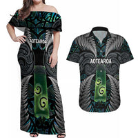 Personalised New Zealand Toki Couples Matching Off Shoulder Maxi Dress and Hawaiian Shirt Silver Fern Mix Aotearoa Maori Pattern LT14 Black - Polynesian Pride