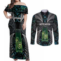 Personalised New Zealand Toki Couples Matching Off Shoulder Maxi Dress and Long Sleeve Button Shirt Silver Fern Mix Aotearoa Maori Pattern LT14 Black - Polynesian Pride
