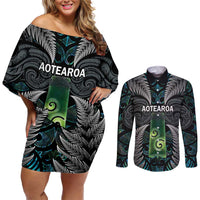 Personalised New Zealand Toki Couples Matching Off Shoulder Short Dress and Long Sleeve Button Shirt Silver Fern Mix Aotearoa Maori Pattern LT14 Black - Polynesian Pride
