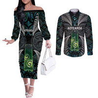 Personalised New Zealand Toki Couples Matching Off The Shoulder Long Sleeve Dress and Long Sleeve Button Shirt Silver Fern Mix Aotearoa Maori Pattern LT14 Black - Polynesian Pride