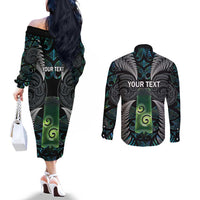 Personalised New Zealand Toki Couples Matching Off The Shoulder Long Sleeve Dress and Long Sleeve Button Shirt Silver Fern Mix Aotearoa Maori Pattern LT14 - Polynesian Pride