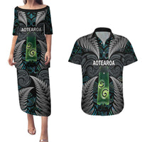 Personalised New Zealand Toki Couples Matching Puletasi and Hawaiian Shirt Silver Fern Mix Aotearoa Maori Pattern LT14 Black - Polynesian Pride