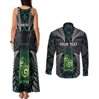 Personalised New Zealand Toki Couples Matching Tank Maxi Dress and Long Sleeve Button Shirt Silver Fern Mix Aotearoa Maori Pattern LT14 - Polynesian Pride