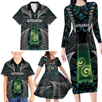 Personalised New Zealand Toki Family Matching Long Sleeve Bodycon Dress and Hawaiian Shirt Silver Fern Mix Aotearoa Maori Pattern LT14 - Polynesian Pride