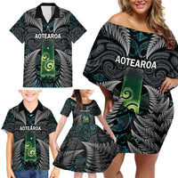 Personalised New Zealand Toki Family Matching Off Shoulder Short Dress and Hawaiian Shirt Silver Fern Mix Aotearoa Maori Pattern LT14 - Polynesian Pride