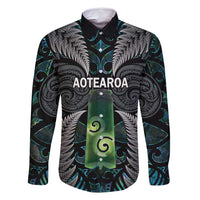 Personalised New Zealand Toki Family Matching Off Shoulder Short Dress and Hawaiian Shirt Silver Fern Mix Aotearoa Maori Pattern LT14 Dad's Shirt - Long Sleeve Black - Polynesian Pride