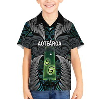 Personalised New Zealand Toki Family Matching Short Sleeve Bodycon Dress and Hawaiian Shirt Silver Fern Mix Aotearoa Maori Pattern LT14 Son's Shirt Black - Polynesian Pride