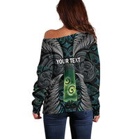 Personalised New Zealand Toki Off Shoulder Sweater Silver Fern Mix Aotearoa Maori Pattern