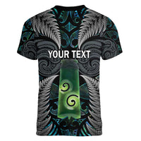 Personalised New Zealand Toki Women V-Neck T-Shirt Silver Fern Mix Aotearoa Maori Pattern LT14 - Polynesian Pride