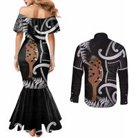 New Zealand Maripi Couples Matching Mermaid Dress and Long Sleeve Button Shirt Silver Fern Mix Aotearoa Maori Pattern LT14 - Polynesian Pride
