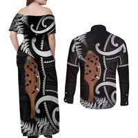 New Zealand Maripi Couples Matching Off Shoulder Maxi Dress and Long Sleeve Button Shirt Silver Fern Mix Aotearoa Maori Pattern LT14 - Polynesian Pride