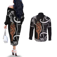 New Zealand Maripi Couples Matching Off The Shoulder Long Sleeve Dress and Long Sleeve Button Shirt Silver Fern Mix Aotearoa Maori Pattern LT14 - Polynesian Pride