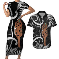 New Zealand Maripi Couples Matching Short Sleeve Bodycon Dress and Hawaiian Shirt Silver Fern Mix Aotearoa Maori Pattern LT14 Black - Polynesian Pride