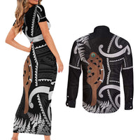 New Zealand Maripi Couples Matching Short Sleeve Bodycon Dress and Long Sleeve Button Shirt Silver Fern Mix Aotearoa Maori Pattern LT14 - Polynesian Pride