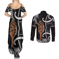 New Zealand Maripi Couples Matching Summer Maxi Dress and Long Sleeve Button Shirt Silver Fern Mix Aotearoa Maori Pattern LT14 - Polynesian Pride