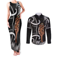 New Zealand Maripi Couples Matching Tank Maxi Dress and Long Sleeve Button Shirt Silver Fern Mix Aotearoa Maori Pattern LT14 Black - Polynesian Pride