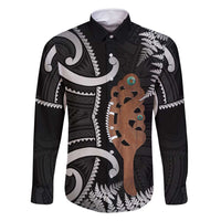 New Zealand Maripi Family Matching Long Sleeve Bodycon Dress and Hawaiian Shirt Silver Fern Mix Aotearoa Maori Pattern LT14 Dad's Shirt - Long Sleeve Black - Polynesian Pride