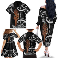 New Zealand Maripi Family Matching Off The Shoulder Long Sleeve Dress and Hawaiian Shirt Silver Fern Mix Aotearoa Maori Pattern LT14 - Polynesian Pride