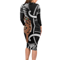 New Zealand Maripi Long Sleeve Bodycon Dress Silver Fern Mix Aotearoa Maori Pattern LT14 - Polynesian Pride