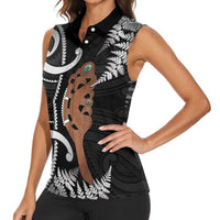 New Zealand Maripi Women Sleeveless Polo Shirt Silver Fern Mix Aotearoa Maori Pattern LT14 - Polynesian Pride
