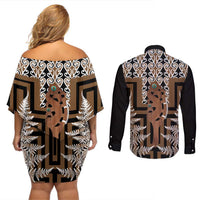 New Zealand Couples Matching Off Shoulder Short Dress and Long Sleeve Button Shirt Maori Maripi Knife With Poutama Art LT14 - Polynesian Pride
