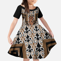 New Zealand Kid Short Sleeve Dress Maori Maripi Knife With Poutama Art LT14 KID Brown - Polynesian Pride