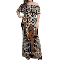 New Zealand Off Shoulder Maxi Dress Maori Maripi Knife With Poutama Art LT14 Women Brown - Polynesian Pride