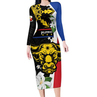 Personalised Philippines Carabao Family Matching Long Sleeve Bodycon Dress and Hawaiian Shirt Filipino Sun Mix Sampaguita Flower LT14 Mom's Dress Black - Polynesian Pride