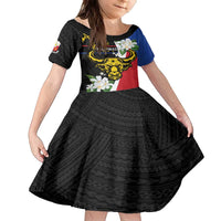 Personalised Philippines Carabao Family Matching Off The Shoulder Long Sleeve Dress and Hawaiian Shirt Filipino Sun Mix Sampaguita Flower LT14 Daughter's Dress Black - Polynesian Pride