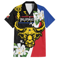 Personalised Philippines Carabao Family Matching Off The Shoulder Long Sleeve Dress and Hawaiian Shirt Filipino Sun Mix Sampaguita Flower LT14 Dad's Shirt - Short Sleeve Black - Polynesian Pride