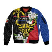 Personalised Philippines Carabao Sleeve Zip Bomber Jacket Filipino Sun Mix Sampaguita Flower