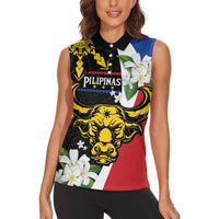 Personalised Philippines Carabao Women Sleeveless Polo Shirt Filipino Sun Mix Sampaguita Flower LT14 - Polynesian Pride