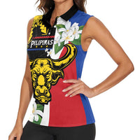Personalised Philippines Carabao Women Sleeveless Polo Shirt Filipino Sun Mix Sampaguita Flower LT14 - Polynesian Pride