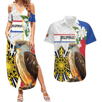 Personalised Philippines Eagle Couples Matching Summer Maxi Dress and Hawaiian Shirt Filipino Sun Mix Sampaguita Flower LT14 White - Polynesian Pride