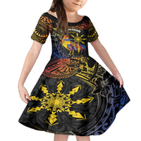 Philippines Sarimanok Family Matching Off The Shoulder Long Sleeve Dress and Hawaiian Shirt Papanok Legendary Bird Okir Polynesian Pattern LT14 Daughter's Dress Black - Polynesian Pride