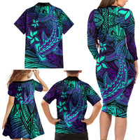 Purple Polynesian Family Matching Long Sleeve Bodycon Dress and Hawaiian Shirt Tribal Hammerhead Shark LT14 - Polynesian Pride