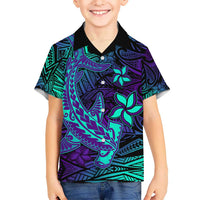 Purple Polynesian Family Matching Outfits - Off Shoulder Maxi Dress and Hawaiian Shirt Tribal Hammerhead Shark LT14 Son's Shirt - Polynesian Pride