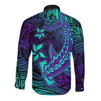 Purple Polynesian Family Matching Outfits - Off Shoulder Maxi Dress and Hawaiian Shirt Tribal Hammerhead Shark LT14 - Polynesian Pride