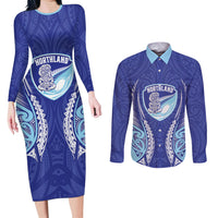 Northland 2026 Rugby Custom Couples Matching Long Sleeve Bodycon Dress and Long Sleeve Button Shirt NZ Maori Silver Fern LT14 Blue - Polynesian Pride