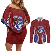 Southland 2026 Rugby Custom Couples Matching Off Shoulder Short Dress and Long Sleeve Button Shirt NZ Maori Silver Fern LT14 Maroon - Polynesian Pride