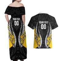 Taranaki 2026 Rugby Custom Couples Matching Off Shoulder Maxi Dress and Hawaiian Shirt NZ Maori Silver Fern LT14 - Polynesian Pride