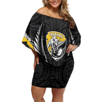 Taranaki 2026 Rugby Custom Family Matching Off Shoulder Short Dress and Hawaiian Shirt NZ Maori Silver Fern LT14 Mom's Dress Black - Polynesian Pride