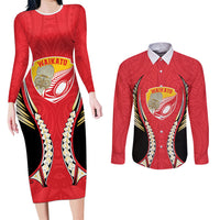 Waikato 2026 Rugby Custom Couples Matching Long Sleeve Bodycon Dress and Long Sleeve Button Shirt NZ Maori Silver Fern LT14 Red - Polynesian Pride