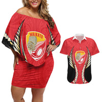 Waikato 2026 Rugby Custom Couples Matching Off Shoulder Short Dress and Hawaiian Shirt NZ Maori Silver Fern LT14 Red - Polynesian Pride