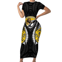 Wellington 2026 Rugby Custom Family Matching Short Sleeve Bodycon Dress and Hawaiian Shirt NZ Maori Silver Fern LT14 Mom's Dress Black - Polynesian Pride