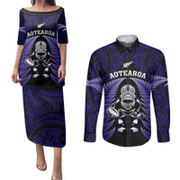 New Zealand Aotearoa Rugby Couples Matching Puletasi Dress and Long Sleeve Button Shirts NZ Tiki With Maori Fern World Cup Blue Version LT14 Blue - Polynesian Pride