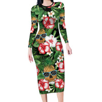 Pineapple Skull Aloha Hawaii Family Matching Long Sleeve Bodycon Dress and Hawaiian Shirt Summer Vibes Tropical Seamless Pattern LT14 Mom's Dress Black - Polynesian Pride