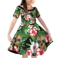 Pineapple Skull Aloha Hawaii Family Matching Off Shoulder Short Dress and Hawaiian Shirt Summer Vibes Tropical Seamless Pattern LT14 Daughter's Dress Black - Polynesian Pride