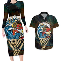 Aloha Hawaii Surfing Skull Couples Matching Long Sleeve Bodycon Dress and Hawaiian Shirt Shaka Skeleton Ride The Waves LT14 Black - Polynesian Pride